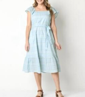 Blue green Plaid Sundress Womens SZ XL Midi Belted Fit & Flare Lt.weight Cotton