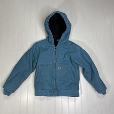 Carhartt Youth Size XS 6 Teal Canvas Hooded Jacket Gray Sherpa Lined