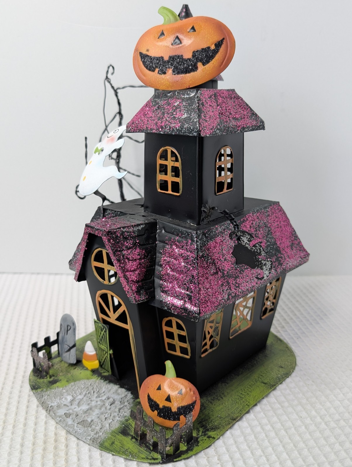 Vtg Metal Halloween Scary House Tea Light Candle Holder Kohl's Glitter Ghost