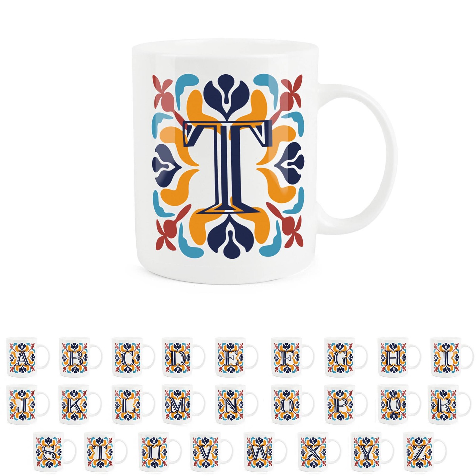 Moroccan Tile Letter T Mug - Red & Navy Bone China Alphabet Gift Mug