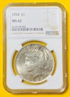 1924 U.S. PEACE SILVER DOLLAR $1 COIN (NGC-Graded MS62) Mint State