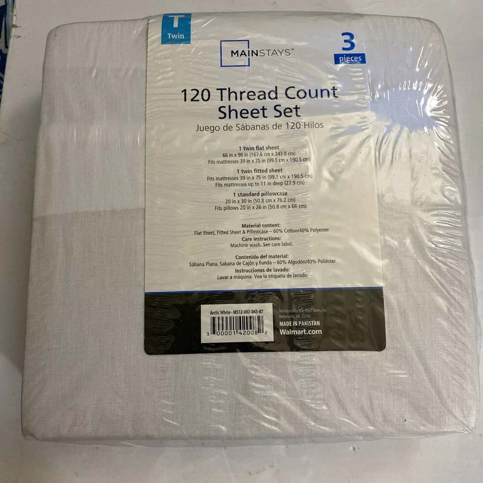 New Sealed Mainstays Twin 3 Piece Twin Sheet Set White Flat Fitted & Pillowcase - Image 3 of 4
