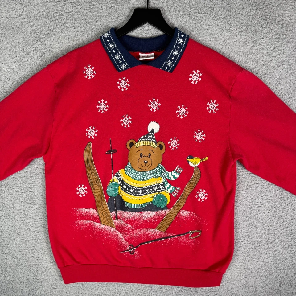 Sudadera Vintage Navidad Años 90 Talla Grande Cuello Redondo Esquí Oso de Peluche Collar Foto 2 de 4