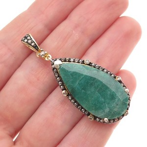 Authentic 925 Sterling Silver Gold Plated Real Diamond & Emerald Teardrop Pendant