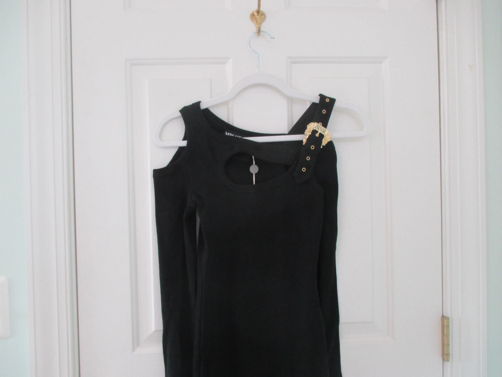 Abito a tubino Versace Jeans Cotour nero ritagliato a costine 38IT 2US nuovo con etichetta