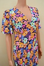 New M&S X Ghost Floral Navy Multi V Wrap Neck Midi Tea Dress Sz UK 10