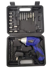 Caliber 4.8-V Cordless Screwdriver Drill W/ Toolbox-8 Sockets-32 Bits-Blue-NEW