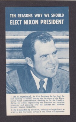 1960  Nixon For Pres Election Card 10 Reasons Why--So. Calif. H.Q.