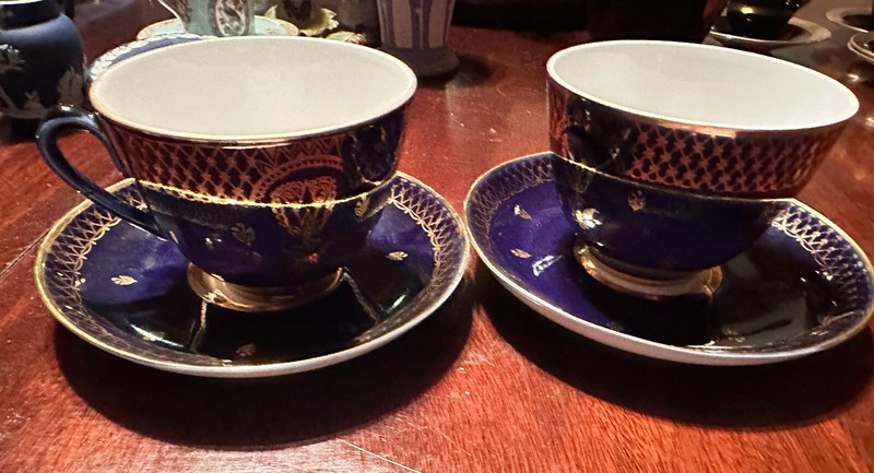 2 BLUE  AND GOLD RARE  PORCELAIN CHINA CUP & SAUCER SIGNED MADE IN USSR