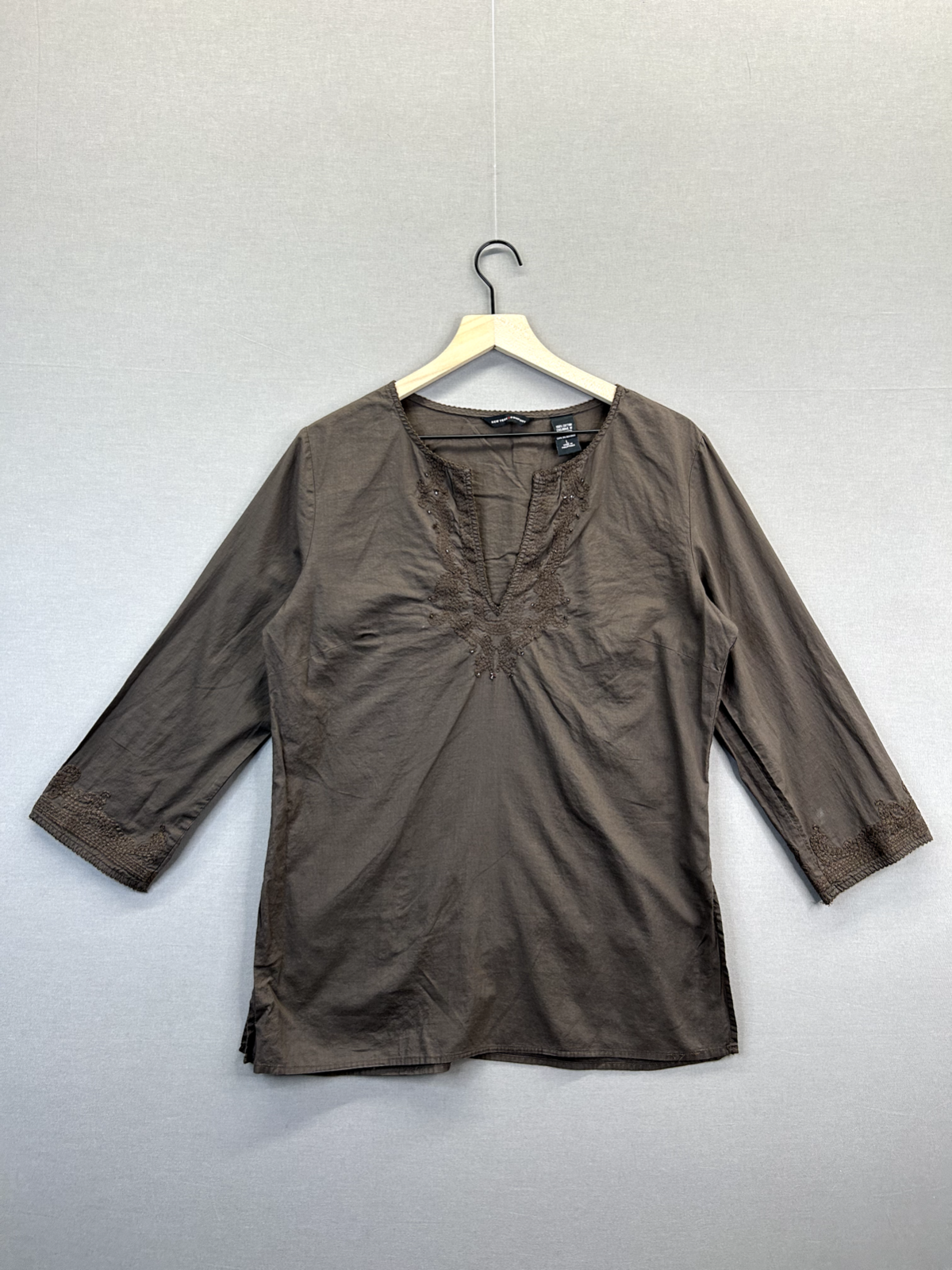 New York Co Womens Brown Blouse Embroidered Long Sleeve V-Neck Size Large 