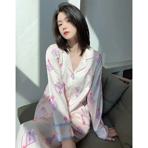 Pijama Seda Hielo Mujer Pijama Primavera Manga Larga Hogar Set - Imagen 17 de 49