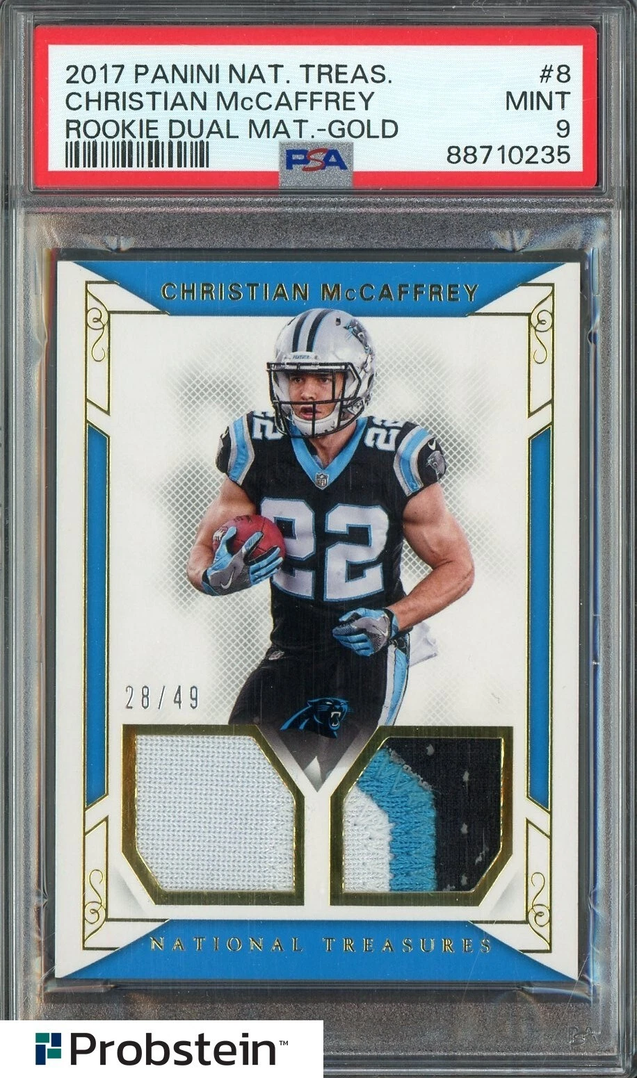 Christian McCaffrey Panini National Treasures Rookie Dual Materials #8 Gold