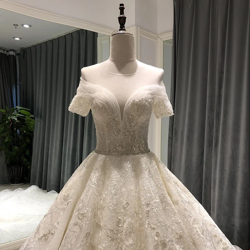 Vestidos de novia de lujo línea A novia manga corta apliques de encaje vestidos de novia Foto 4 de 4