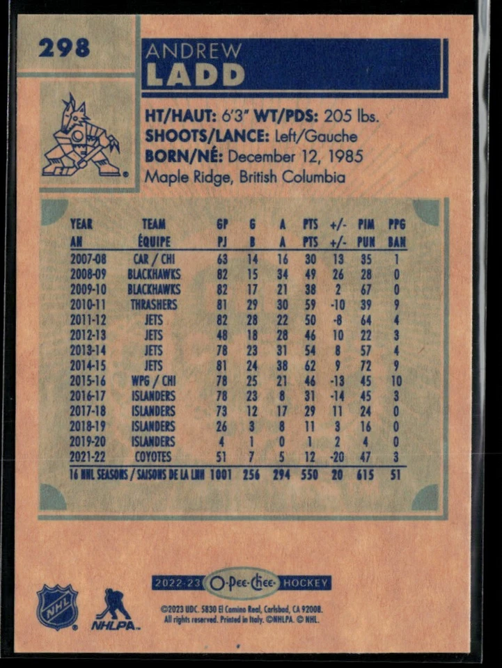 2022-23 O-Pee-Chee Retro Andrew Ladd #298 - Image 2 of 2