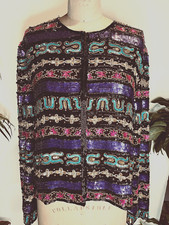 VINTAGE 80'S-90'S BLACK PURPLE GOLD SEQUIN EMBELLISHED EVENING PARTY JACKET S/M