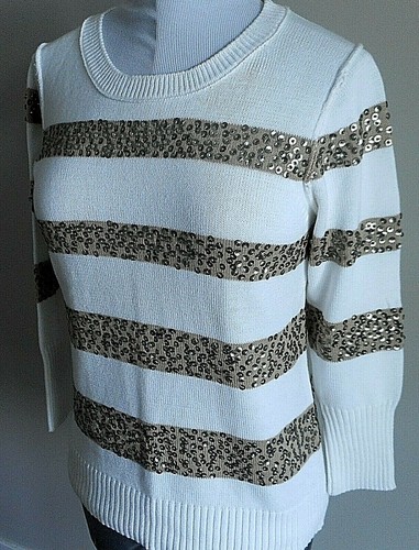 MAGLIONE J CREW taglia media 10 bianco marrone righe paillettes manica lunga girocollo - Foto 4 di 4