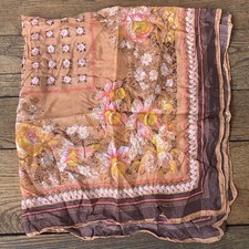 Vintage Multicolor Earth Tones Floral Silk Scarf
