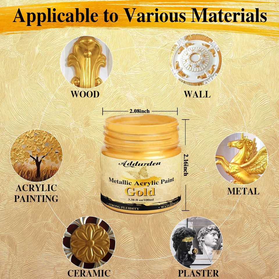 Addurden 100ml Acrylic Paint Metallic Gold with 2 Brushes Gold Paint