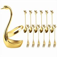 Gold Schwanenhalter-Set Edelstahl mit 6 Teelöffeln und 6 Obstgabeln Geschirr-Set
