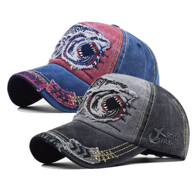 Distressed Washed Cotton Baseball Cap Mens Vintage Shark Embroidery Hat  Trucker UK