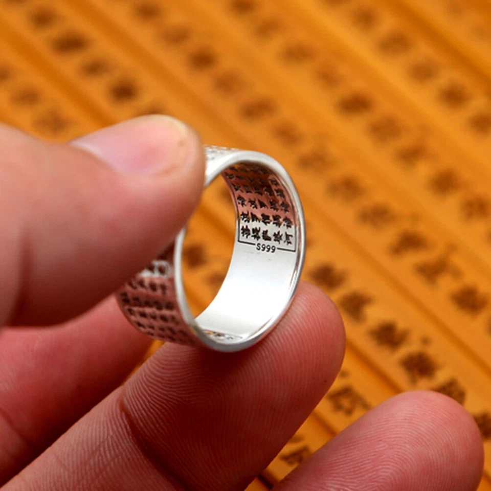 Solid 999 Fine Silver Ring Buddhist Heart Sutra Band 10mm Width Size 6 To 10 - Image 3 of 4