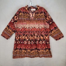 Collections Etc Womens Top Brown Cotton Pintuck Print Tunic Blouse Size XL