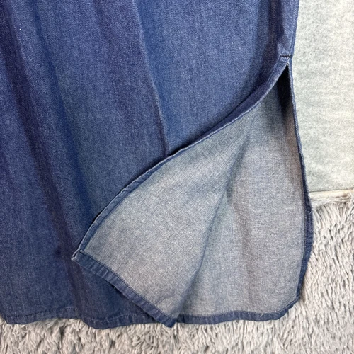 Vintage Denim Jumper Dress M Oversized Embroidered Tie Dark Wash Modest Maxi - Picture 12 of 13