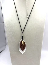 Tri Colored Layered Leaf Pendant Necklace On Cord NOS
