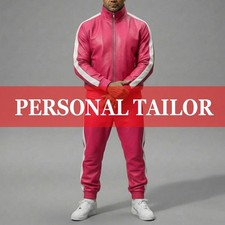 Men's Leather Tracksuit High Neck Collar Front Zipper Sweatsuit Pink/White