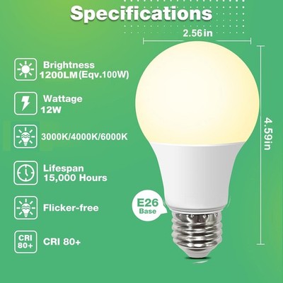 8/16 Pack A19 A21 LED Light Bulbs 100W Equivalent 3-Color E26 3000K/4000K/6500K