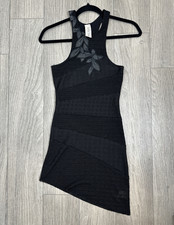 Free People Black Asymmetrical Mesh Dress XS Floral Appliqué Early 2010s