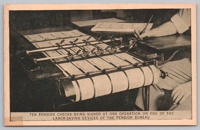1926 US Pension Bureau Checks Signing Machine Postcard Philadelphia Expo