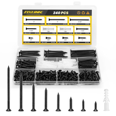 Wood Screws Assortment Kit,  240 PCS High Hardness Flat Head Wood Screws Set, Ph