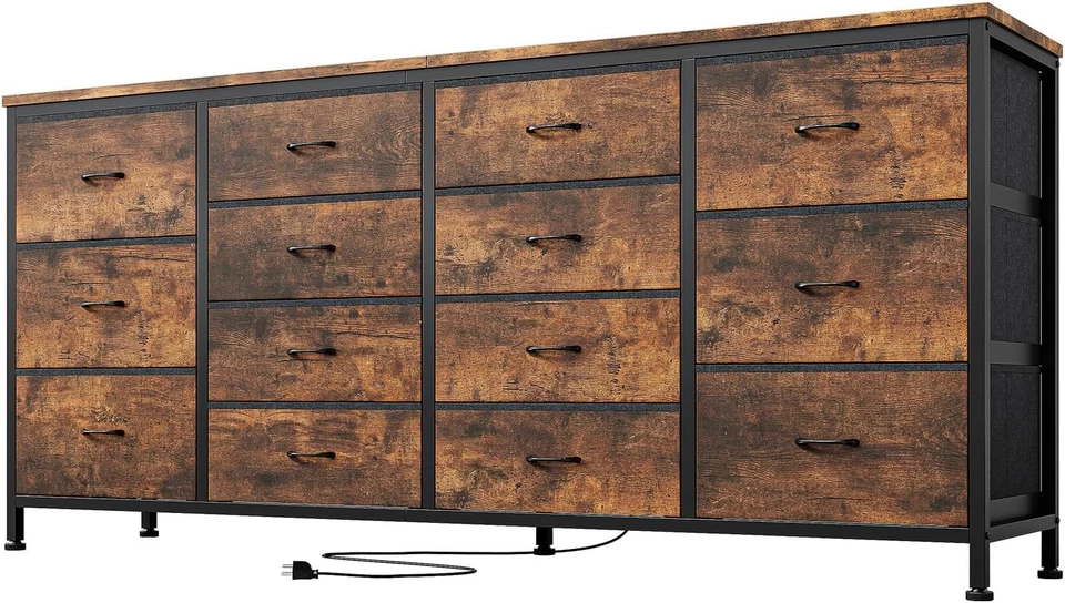 Cómoda de 63 pulgadas para dormitorio 14 cajones tocador de tela soporte de TV con toma de corriente Foto 4 de 4