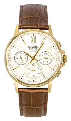Casio Beside Analog Leather Strap Gold Dial Quartz BMS-300GL-5AV Mens Watch