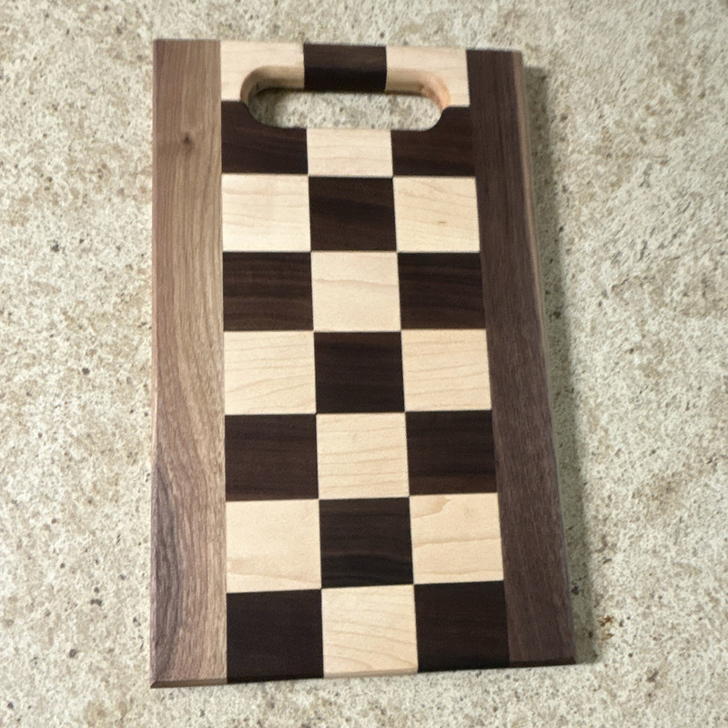 Small Rectangular Wood Cutting Board w/ Handle, Geometric Pattern Brown/Beige