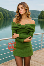 ZARA BLOGGER FAVE!!! women's S Small Green Textured Dress with Bow NWT