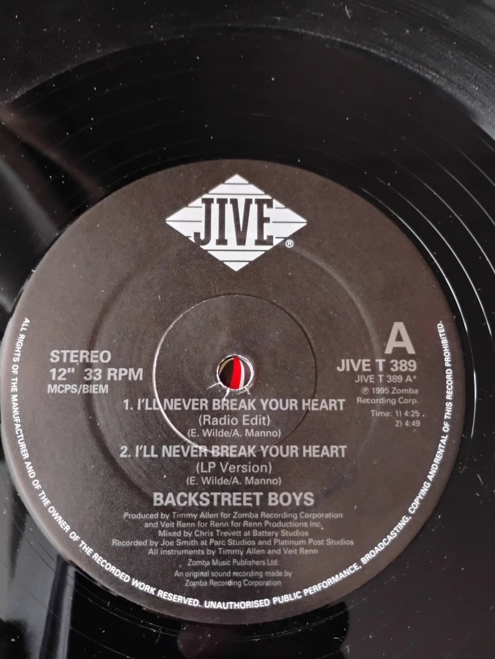 Backstreet Boys I`ll never break your heart 12" Vinyl  1995 JIVE T 389  RARE - Image 4 of 4