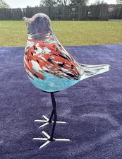 Murano Style Hand Blown Turquois Gold Art Glass Bird Standing Metal Legs