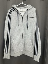 adidas Men's Gray Full Zip Hoodie with Black Stripes, Hood, Size L