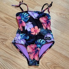 Justice Girls Tropical Hibiscus Floral One Piece Swimsuit Black Ribbed XS 5/6