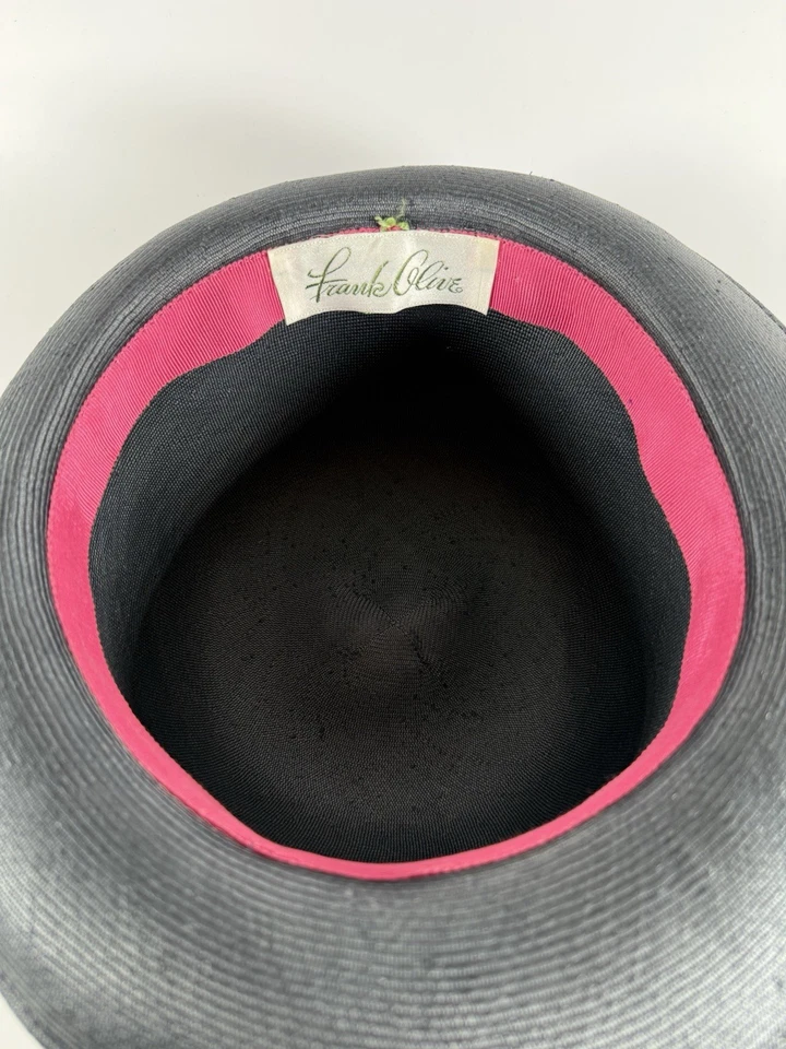 Frank Olive Vintage Navy Straw Bowler Hat Union Made Grosgrain Bow Medium - Image 4 of 4