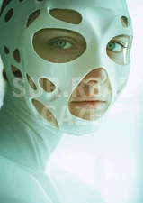 AI Girl with Green Eyes and Abstract Mask – Digital Photo Download