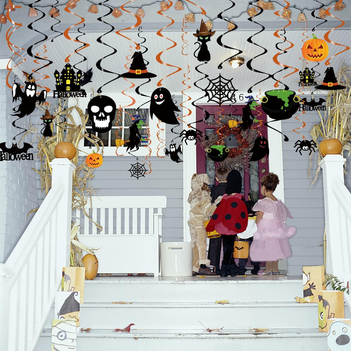 Guirlandes Spirales Halloween – 12 Pièces – Décoration Fenêtre, Plafond – Papier Résistant – Kit Fête