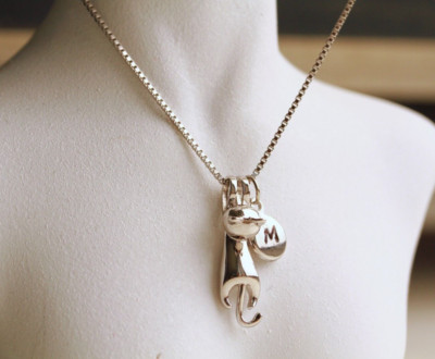 Cat Necklace Sterling Silver Initial Engraved Gift Girlfriend Women