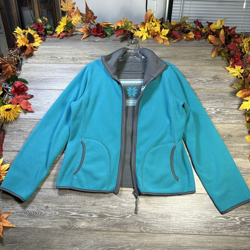 Laura Scott Jacket Size Large Reversible Gray Turquoise Fleece Windbreaker Coat - Image 3 of 4