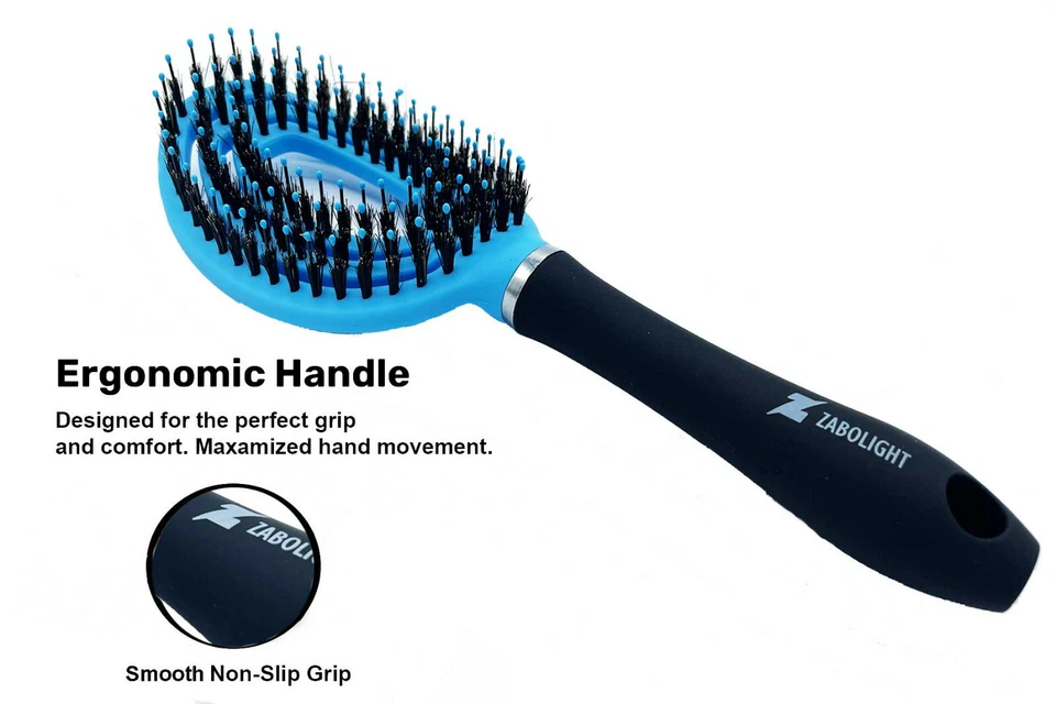 Cepillo de pelo azul redondo ventilado cerdas de jabalí peinado cualquier tipo de cabello hombres o mujeres Foto 3 de 4