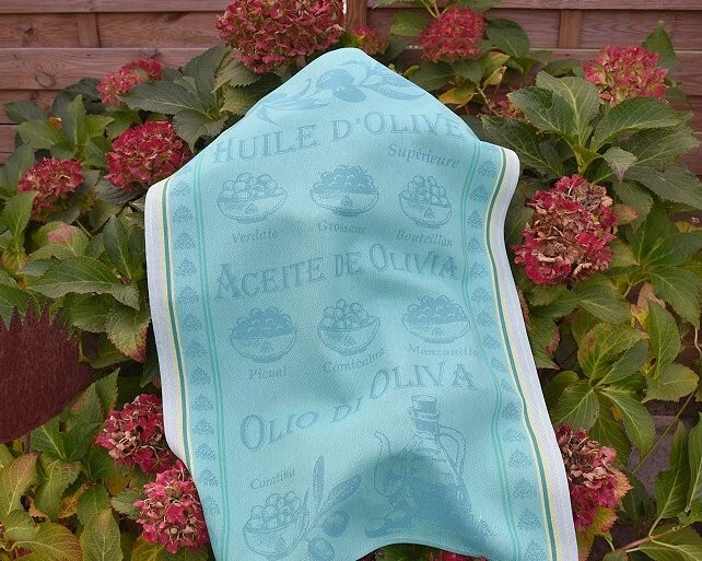 Geschirrtuch Baumwolle Jacquard 50x70 cm türkis mit Olivenmotiven aus Frankreich - Bild 2 von 4
