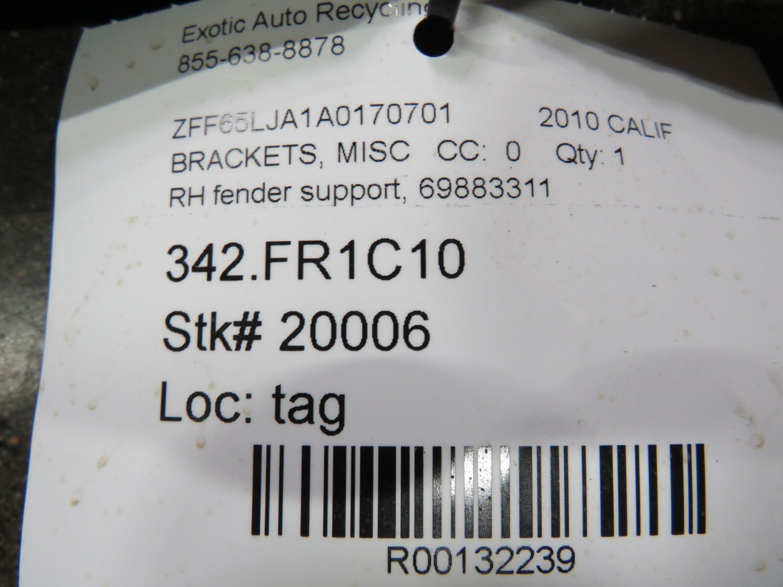 Ferrari California, RH, Right, Fender Support Panel, Used, P/N 69883311