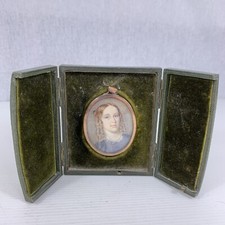 Fine Antique Portrait Miniature Of A Young Lady In A Dress Green Leather Case